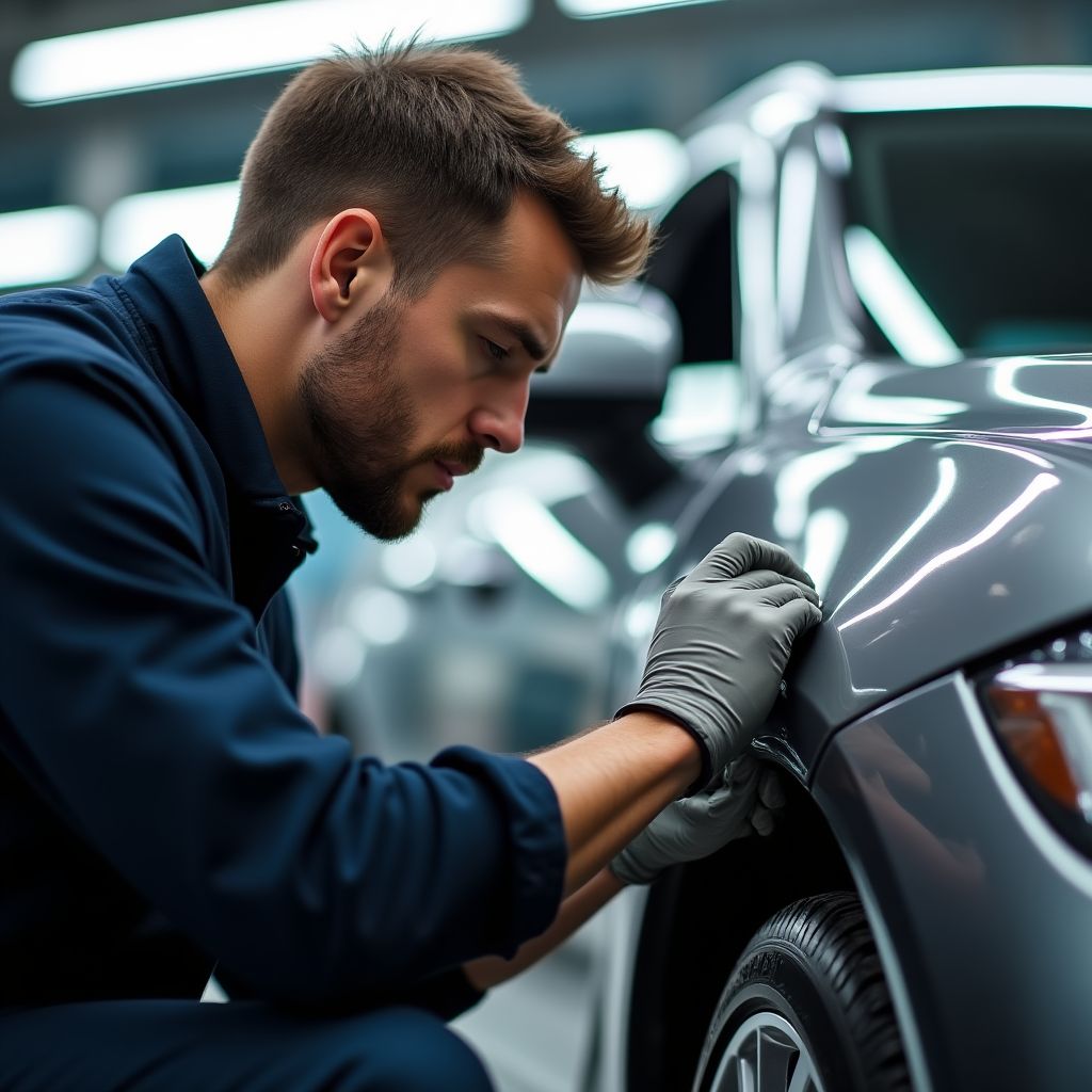 Technicien travaillant avec précision sur une voiture